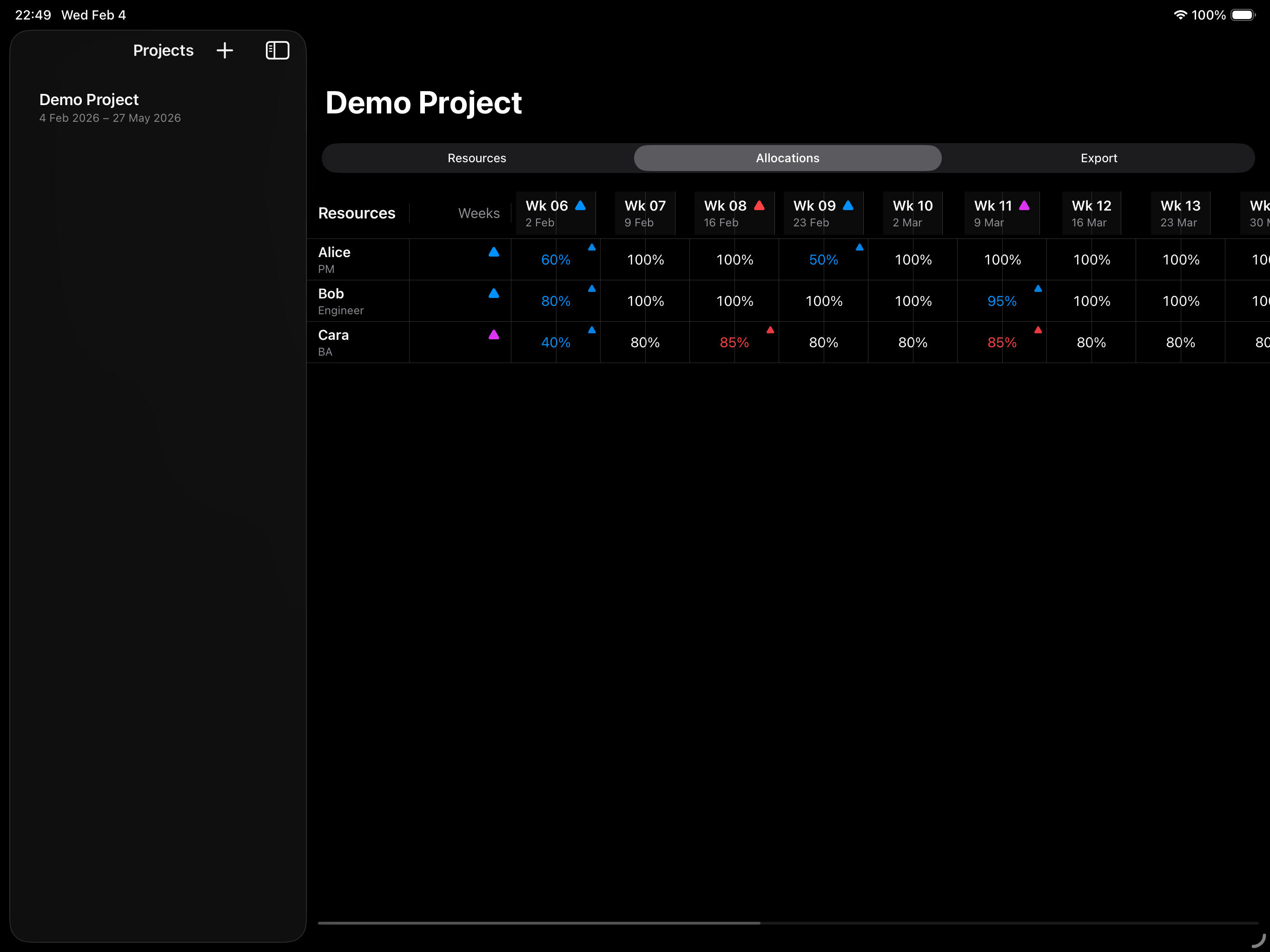 Resource Modeller Allocation Grid on iPad