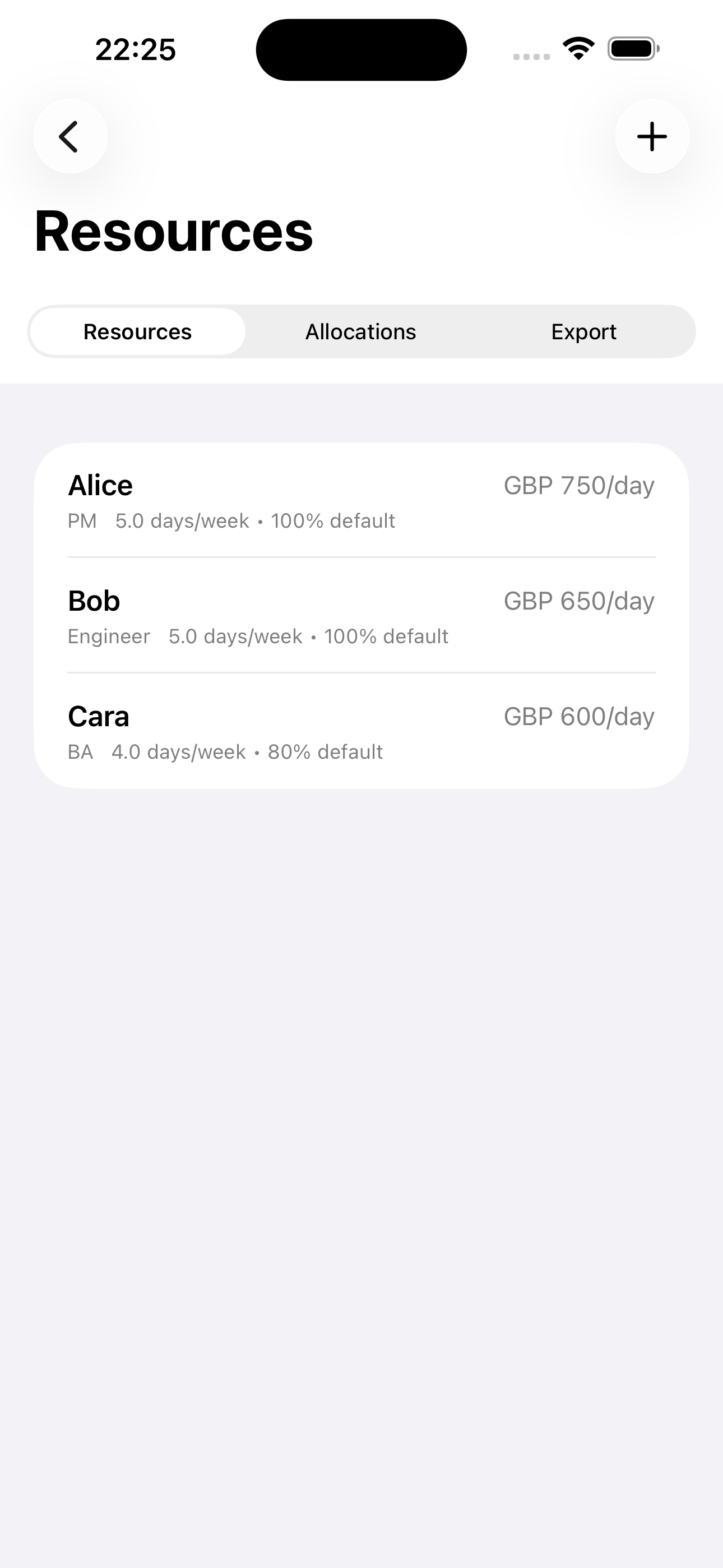 Resource List Screen showing resource details