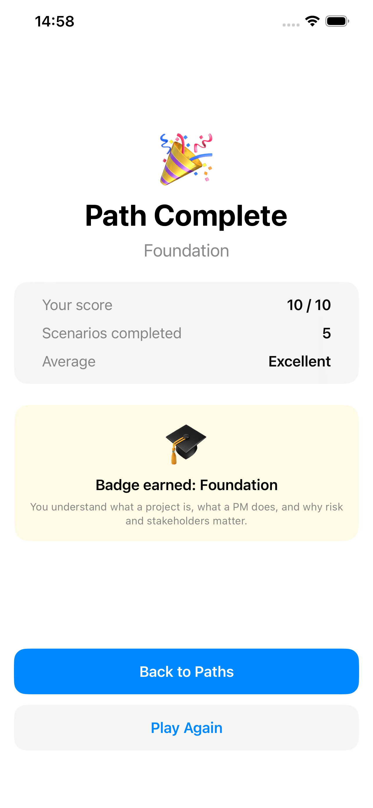 Path complete screen with badge earned