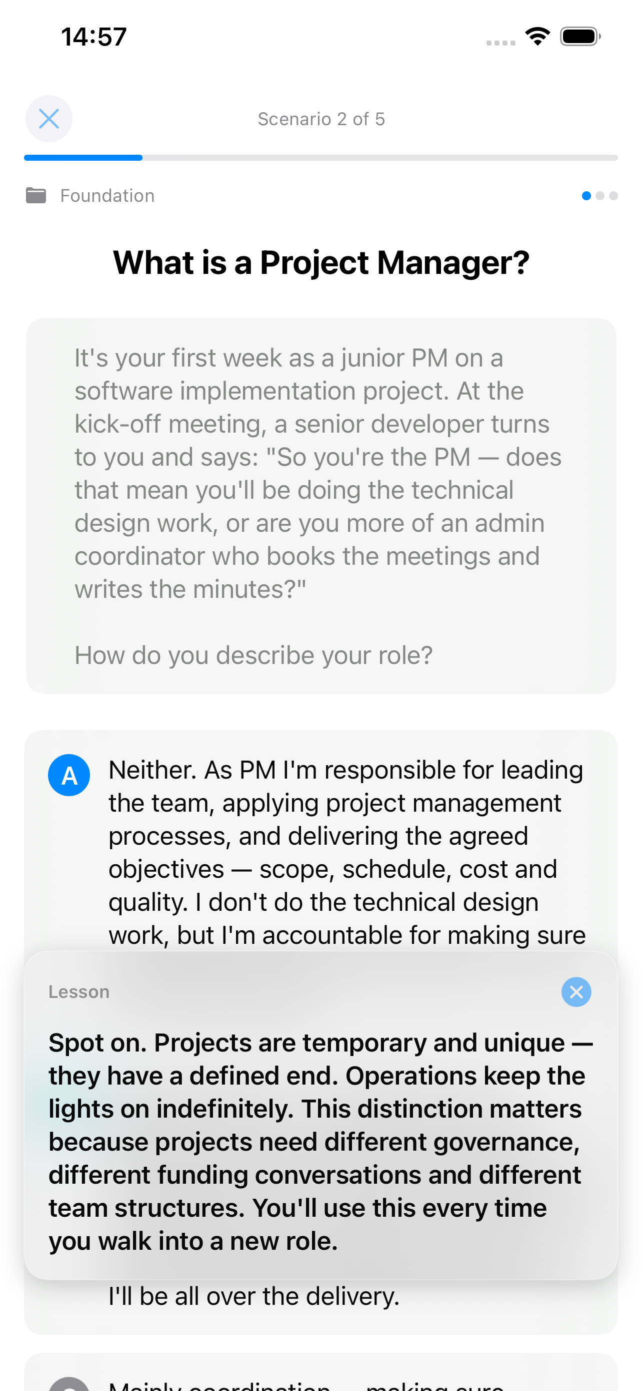 Lesson feedback overlay after a choice