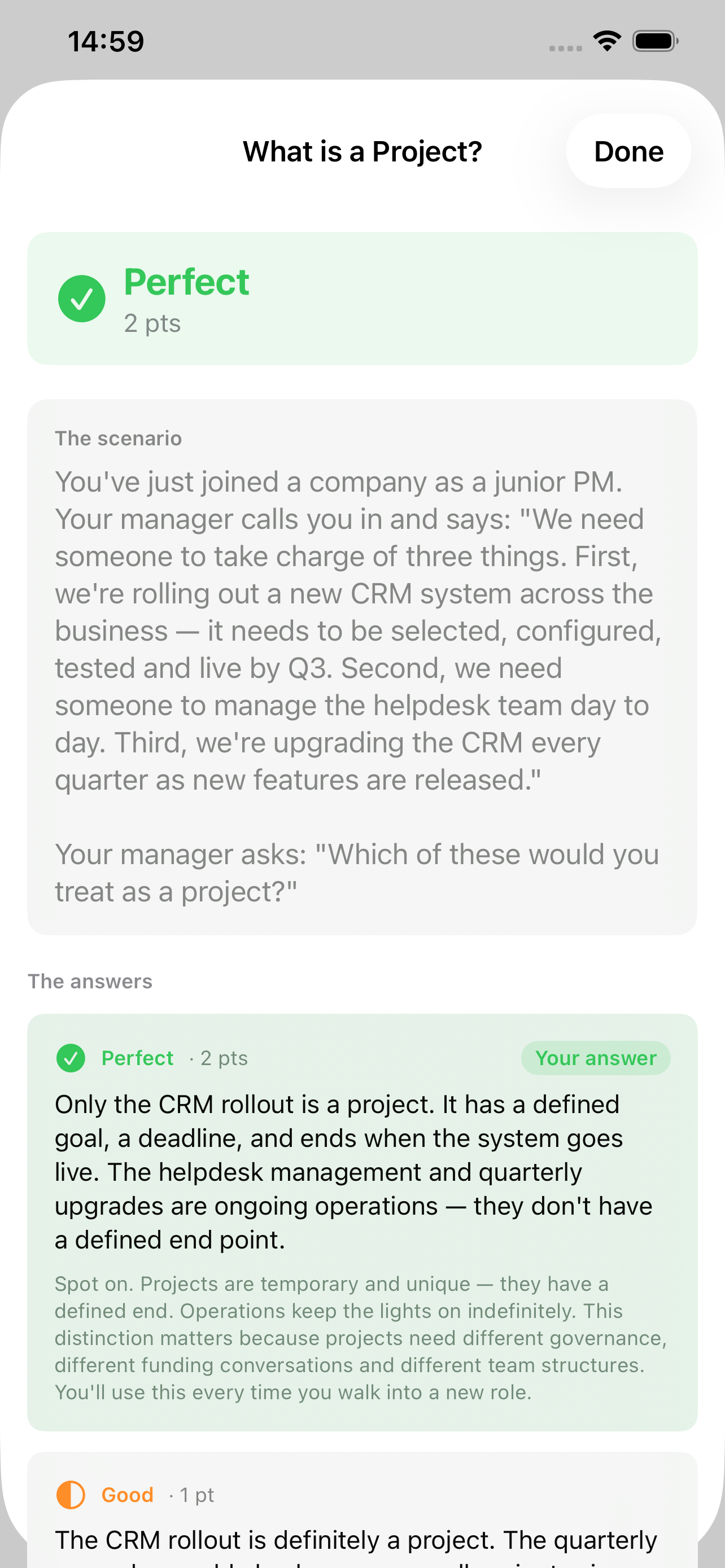 Scenario review showing all answers and scores