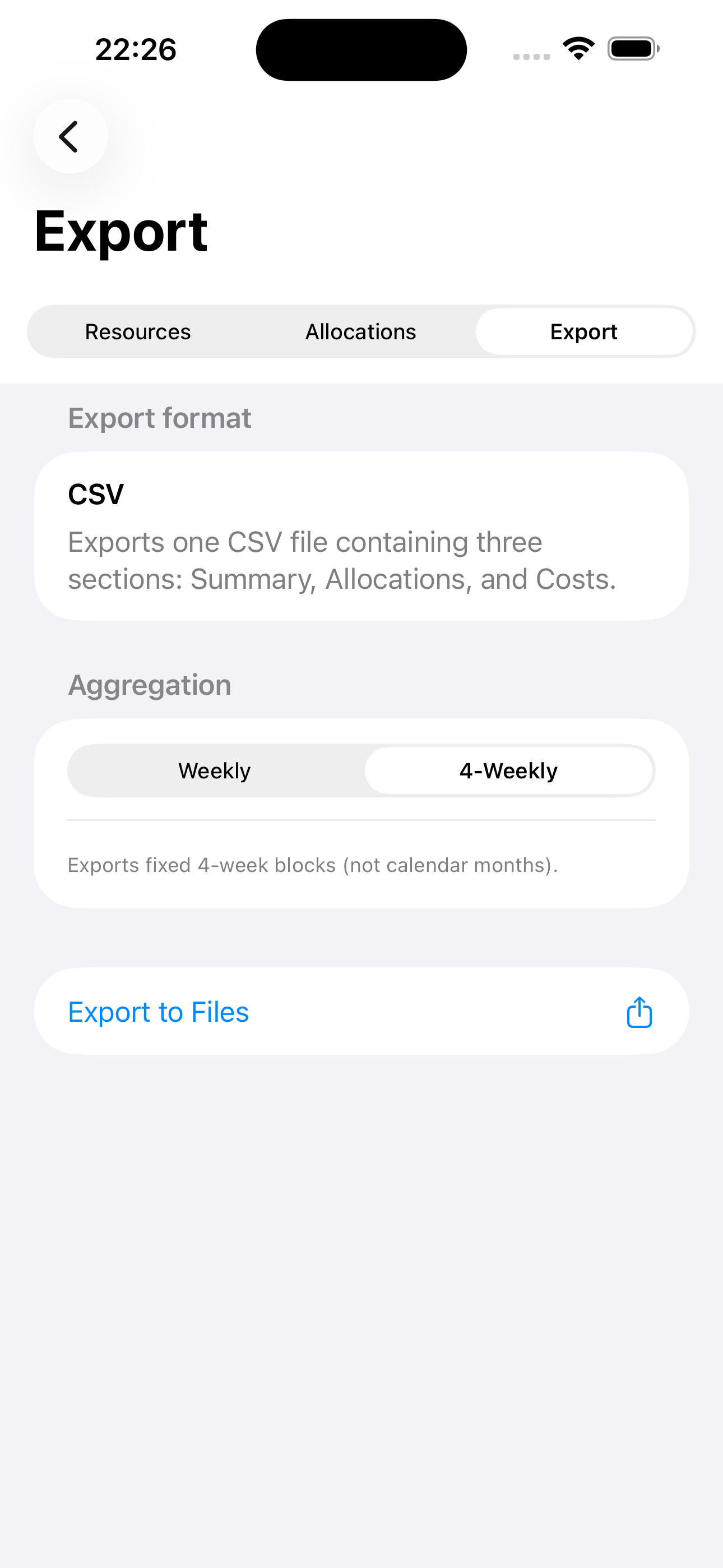 Model Export Screen showing CSV export options