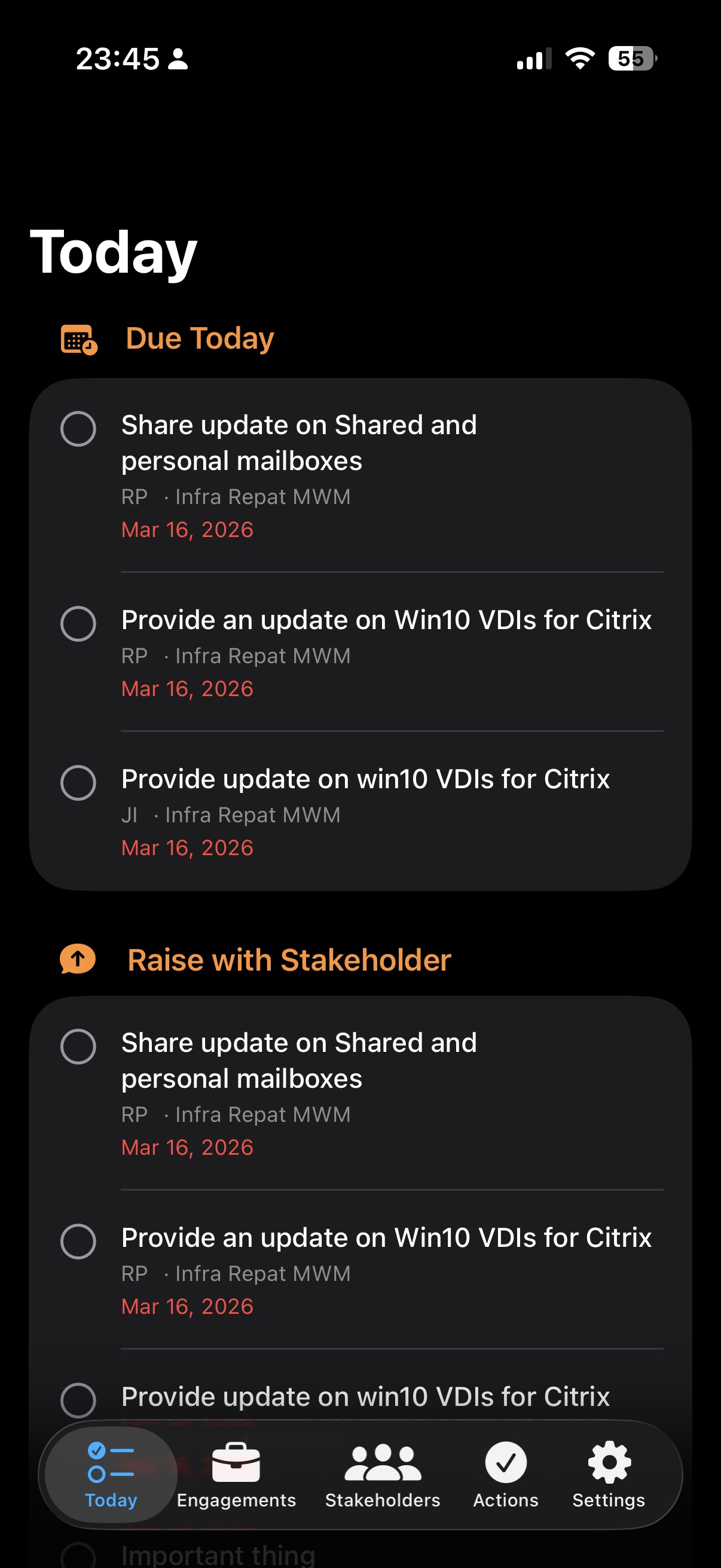 Today view showing due and overdue actions